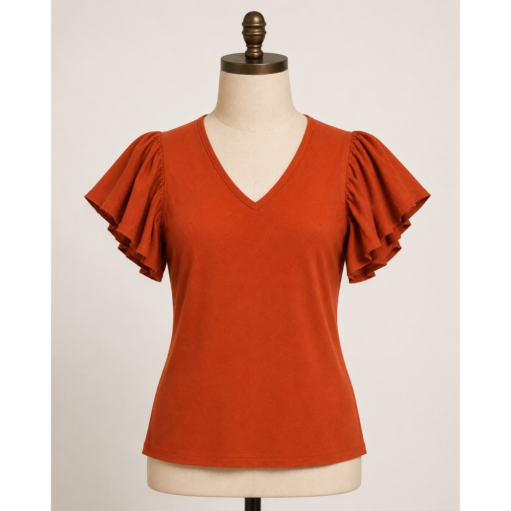 Mainbocher Silk Blend  V-Neck Sweater Medium Burnt Orange Flutter Sleeve NWT